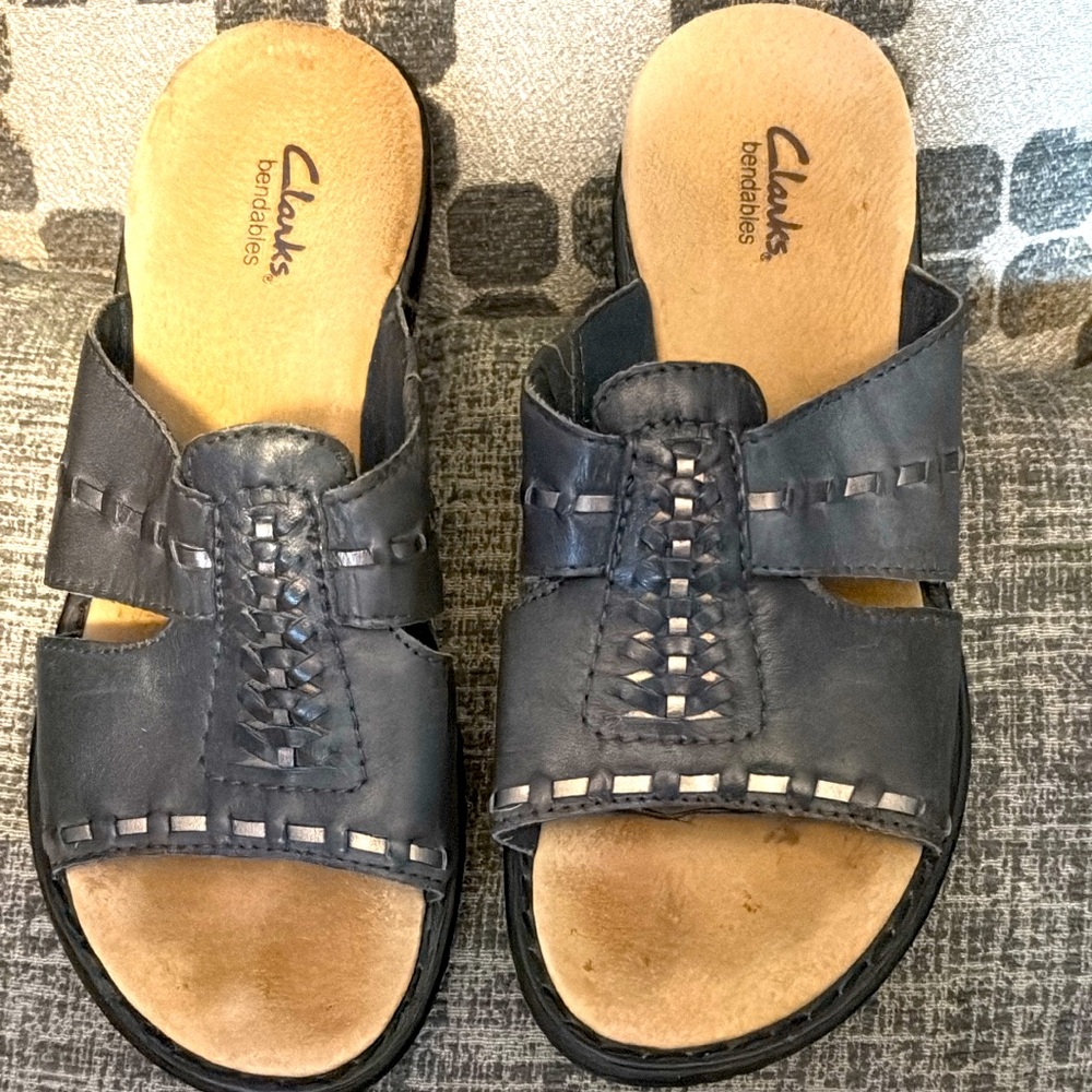 Clarks Black Leather Sandals with Woven Design